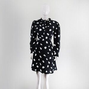 Elegant Tie-Neck Black & White Polka Dot Mini Dress